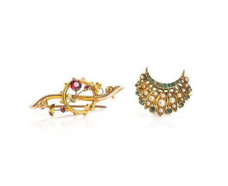 Two Victorian gold brooches, comprising a gold scrolling bar brooch, with round cut garnets claw set to a foliate sprig, appl