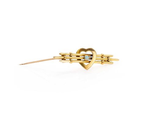 A gold opal set bar brooch, a central round opal cabochon, bezel set, to three hollow bars with a plain open heart surround, 