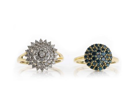 Two cluster rings with diamonds comprising a 9ct gold irradiated blue diamond cluster ring, Birmingham 2019, and a 9ct gold d