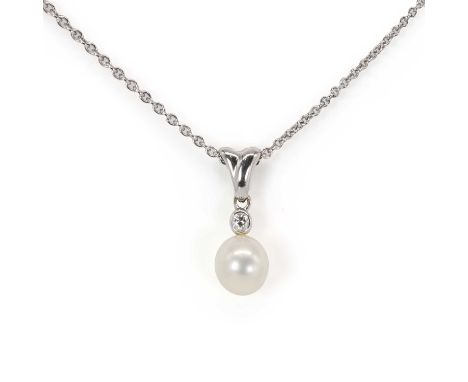 An 18ct white gold pearl and diamond necklace, by Mikimoto, a cultured pearl, 8mm, untested, surmounted by a bezel set round 