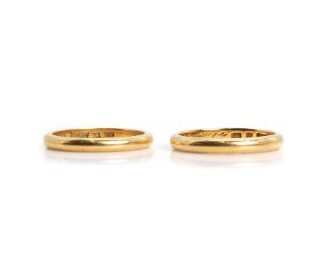 Two plain gold wedding bands, the 'D' section bands, both with engraving on the reverse, with Swedish official national hallm