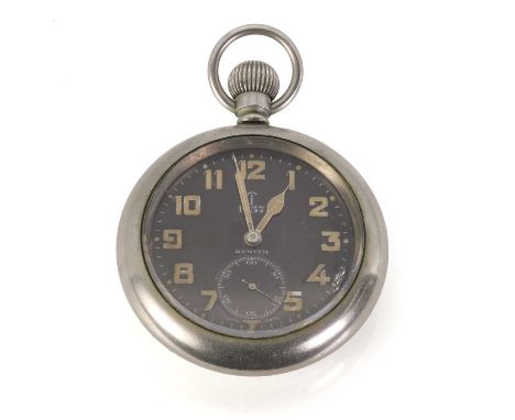 An open faced top wind Zenith military pocket watch,   57mm diameter, the black dial with brad arrow dated 1937, Arabic numer