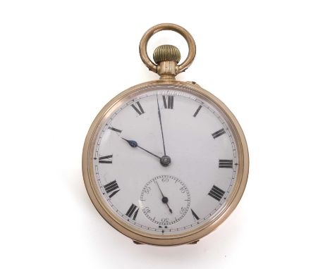 A gold top wind open faced pocket watch, 45mm diameter, with a white enamel dial, black Roman numerals, blued spade and singl