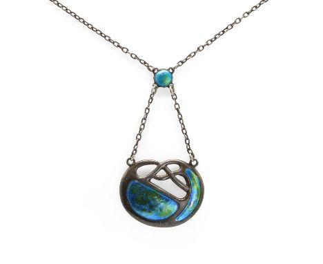 An Arts & Crafts silver enamelled necklace, by Charles Horner, c.1909, the pierced centrepiece of oval shape with blue and gr