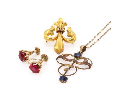 A small group of antique and later gold jewels, comprising:a Victorian split pearl fleur-de-lys brooch/pendant,22mm x 30mm, t