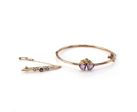An antique gold amethyst and split pearl bangle and bar brooch, the bangle with a small panel of split pearls above two heart