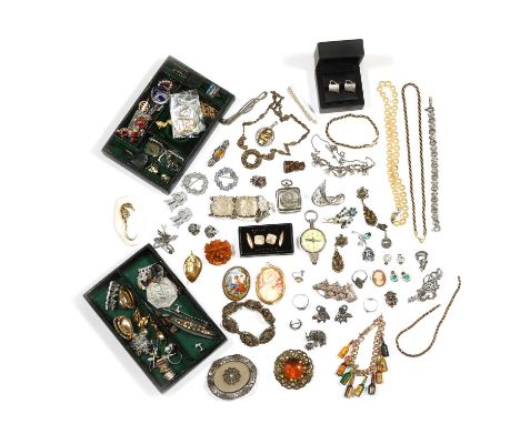 A collection of gold, silver and period costume jewellery, to include an 18ct gold shell cameo brooch, depicting a winsome gi