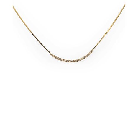 An 18ct gold diamond collar necklace, the centrepiece comprising a bowed line of round brilliant cut diamonds, with a combine