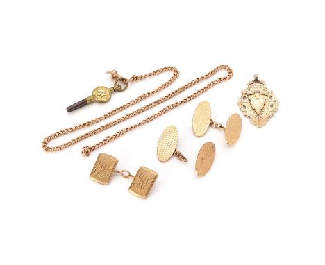 A group of 9ct gold gentlemen's jewellery, comprising:a pair of 9ct gold cufflinks,with oval machine engraved plates, to chai