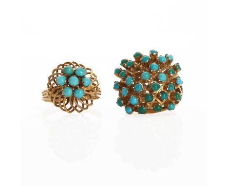 Two gold turquoise set rings, comprising a gold turquoise cabochon bombé ring, with circular turquoise cabochons, claw set to