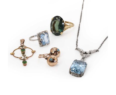 A group of early 20th century and later jewellery, comprising a Continental silver synthetic blue spinel drop necklace, with 