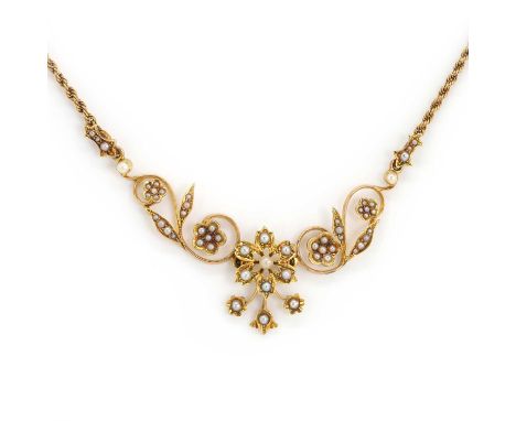 A late Victorian split pearl necklace,  the centrepiece consisting of three articulated floral panels bead set with graduatin