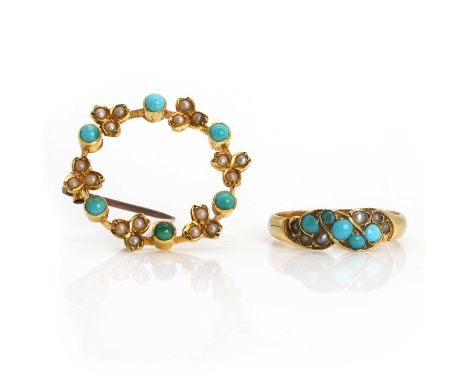 A Victorian gold turquoise and split pearl ring and brooch, comprising:a Victorian gold turquoise and split pearl ring,with a