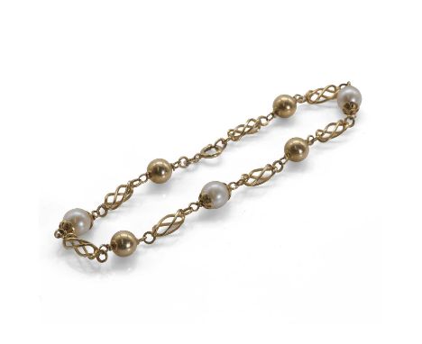 An Italian 18ct gold fancy link cultured pearl bracelet, by UnoAErre, with cultured pearls, untested, and plain polished holl