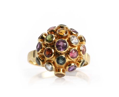 A varicoloured gemstone 'Sputnik' ring,  with round cut varicoloured gemstones, all bezel set to a plain dome, into incised s