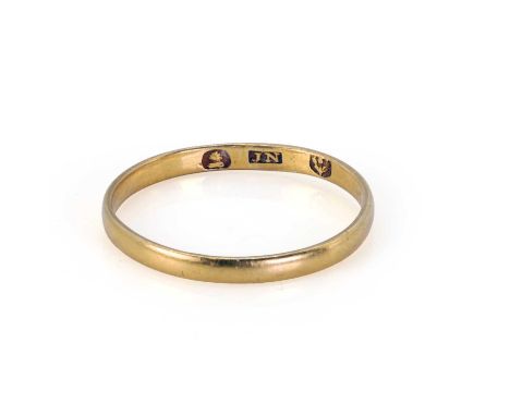 A Georgian gold wedding ring, a low D profile band, hallmarked Edinburgh, 1.36g.Ring size NCondition ReportShank very slightl