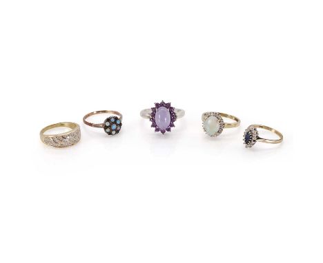 A group of silver and gold gem set rings, comprising a 9ct gold opal and diamond cluster ring, Birmingham 2004, a 9ct gold di