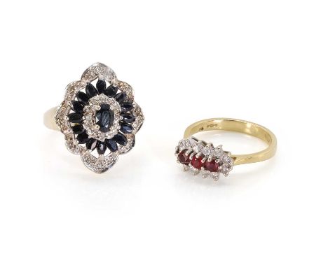 An 18ct gold ruby and diamond ring and a 9ct gold sapphire cluster ring, an 18ct gold ruby and diamond cluster ring,with a cl