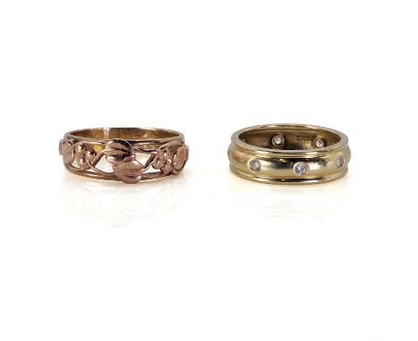 Two gold band rings, comprising a gold cubic zirconia hollow band ring, stamped 14K, tested as approximately 14ct gold, 3.61g