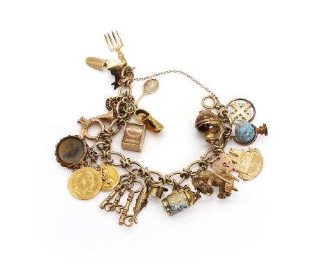 A gold charm bracelet, a 9ct gold solid oval link bracelet, Birmingham 1964, suspending a mounted Edward VII half sovereign d