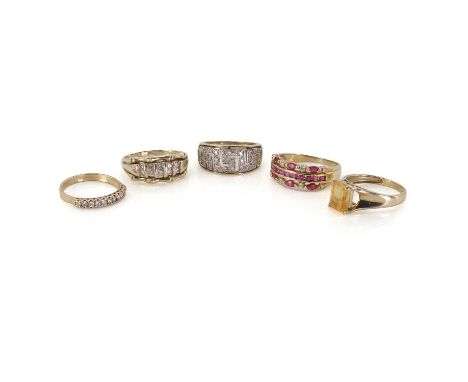 A group of five gold gem set rings, comprising a 9ct gold citrine single stone ring, Birmingham 2004, a 9ct gold ruby and dia