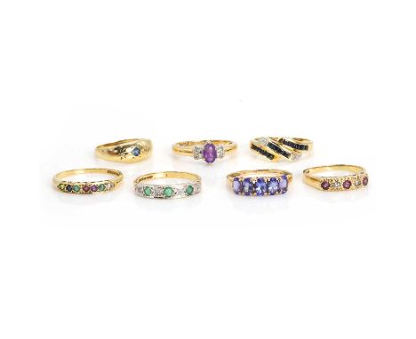 A group of 9ct gold gem set rings, comprising a 9ct gold sapphire and diamond ring, 1988, a 9ct gold gem set 'dearest' ring, 