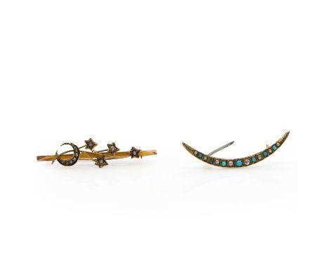 Two Edwardian 9ct gold crescent moon brooches, one designed as an open crescent bead set with graduating split pearls and cab