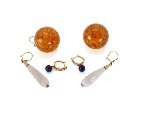 Three pairs of drop earrings, comprising a pair of gold split pearl and lapis lazuli hinged hoop drop earrings, with post fit