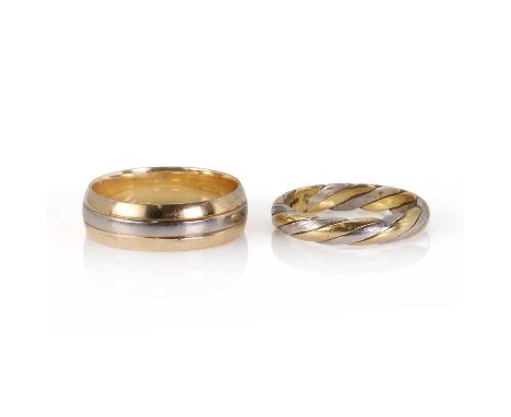 Two platinum and gold wedding bands, to include an 18ct gold and platinum twist-rope design band, London 1996, and a 9ct gold