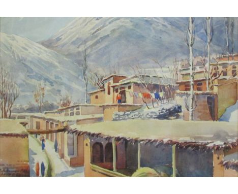 R A HAYRAPETIAN member of 'Demon Studio', SIGNED WATERCOLOUR, 'A Persion Village Scene, in foot hills' 7 1/2" x 11"