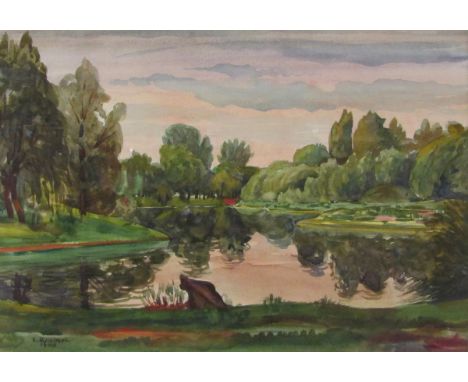 E HUMMEL, SIGNED AND DATED 1948 LOWER LEFT, WATERCOLOUR, River Landscape, 10" x 14" 