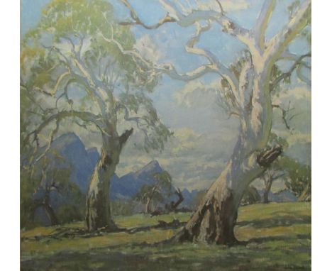AFTER JOHN ROWELL, (AUSTRALIAN), COLOURED PRINT, "Sunlit Gums", 14" x 17" 