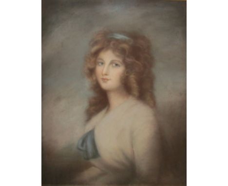 CIRCLE OF JOHN RUSSELL, PASTEL, Head and Shoulders Portrait of a Lady wearing Blue Ribbon, 28" x 22" £300-400 