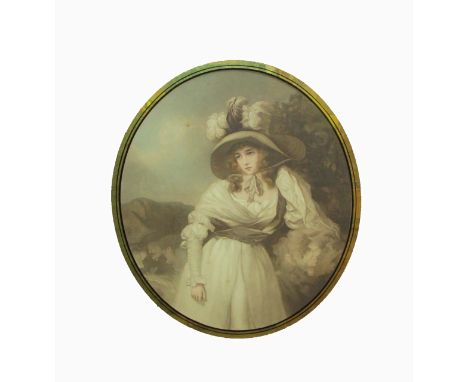 LATE 19TH/EARLY 20TH CENTURY, ENGLISH SCHOOL, COLOURED MEZZOTINT, Portrait of a Fashionable Young Lady in Landscape, 18 1/2" 