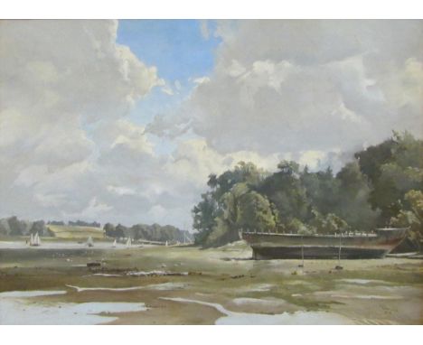 P R BARWICK, SIGNED AND DATED 8/71, OIL ON BOARD, Boats in an Estuary, 16" x 23" 