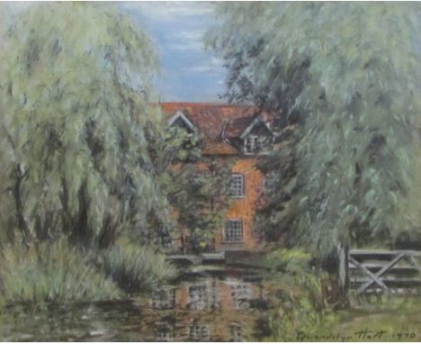 GWENDELYN HART, SIGNED AND DATED 1970 LOWER RIGHT, PASTEL, River Scene with Mill, 11 1/2" x 13 1/2" TOGETHER WITH COLOURED PR