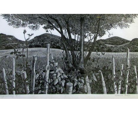 MONICA POOLE, SIGNED IN PENCIL TO MARGIN, BLACK AND WHITE WOODBLOCK PRINT (56/150), "Pilgrims Way", 6" x 10" 