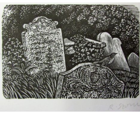 R STONE, SIGNED IN PENCIL TO MARGIN, BLACK AND WHITE WOODCUT, Bird with Gravestones, 3" x 2", unframed