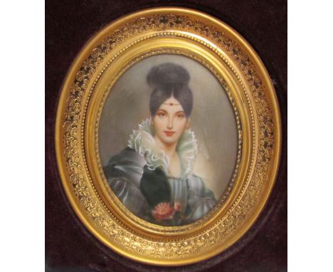 INDISTINCTLY INITIALLED 20TH CENTURY OIL MINIATURE, Head and Shoulders Portrait of a Lady, 3 1/2" x 3"