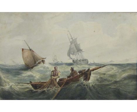 ATTRIBUTED TO J W CARMICHAEL, WATERCOLOUR, Seascape with Fishermen in Rowing Boat, 6" x 9" MOUNTED BUT UNFRAMED