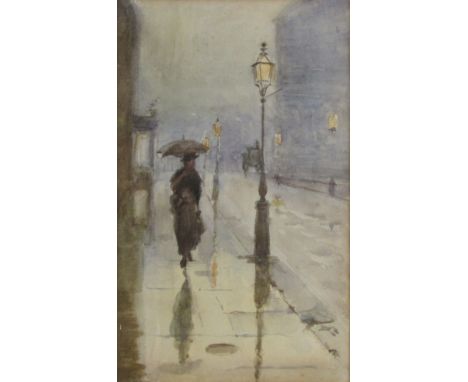FAINTLY MONOGRAMMED AND DATED '87 LOWER LEFT, WATERCOLOUR, Rainy Street Scene with Figure and Umbrella under Street Light, 8"
