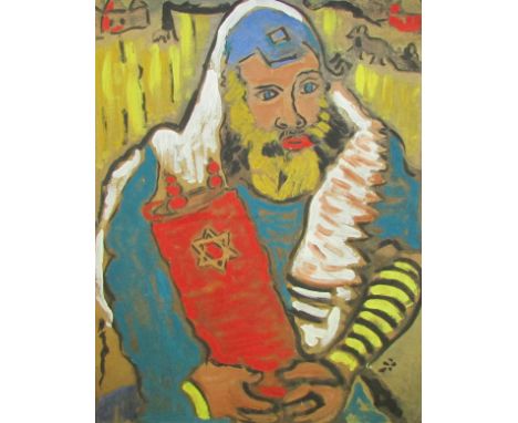 AFTER CHAGALL, OIL OVER PRINT BASE, The Rabbi, 23" x 17" 