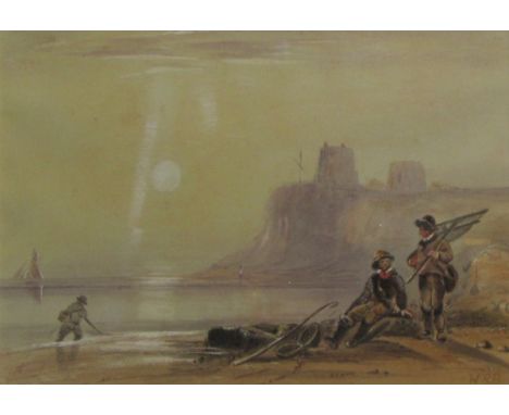 W R B INITIALLED LOWER RIGHT, WATERCOLOUR, Coastal Scene with Fisher Folk, 6 1/2" x 9" 