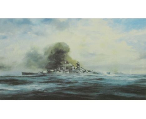 AFTER ROBERT TAYLOR, COLOURED PRINT, "K M Bismarck" (signed in pencil to margin by Baron Von Mullemheim Rechburg, Gunnery Off