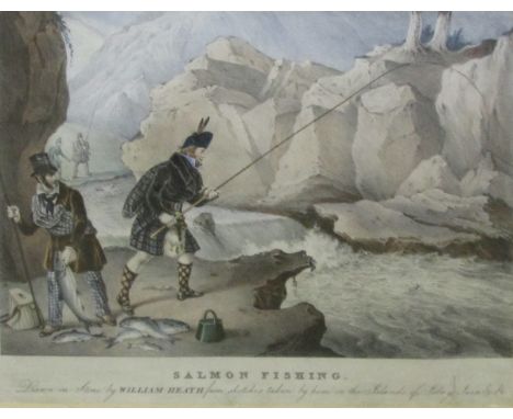 WILLIAM HEATH (ENGRAVER), ANTIQUE COLOURED LITHOGRAPH, "Salmon Fishing", 9" x 12 1/2"; together with two modern COLOURED PRIN