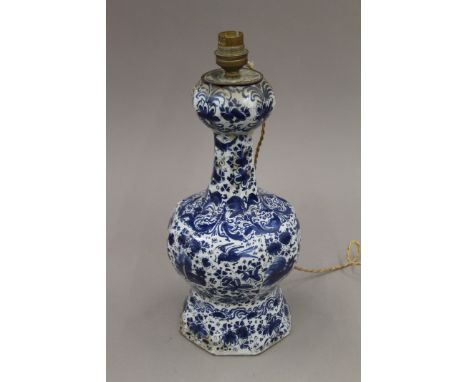 A Delft vase, converted to a lamp. 34 cm high overall.