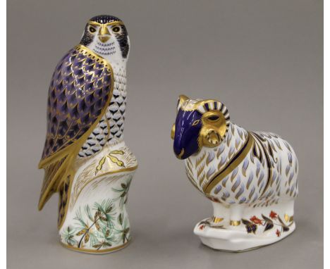 Two Royal Crown Derby paperweights, Peregrine Falcon and Ram.