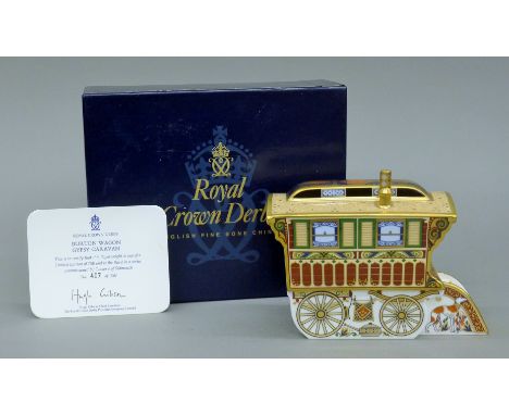 A boxed Royal Crown Derby Burton Wagon Gypsy Caravan paperweight, numbered 407/750, with certificate. 