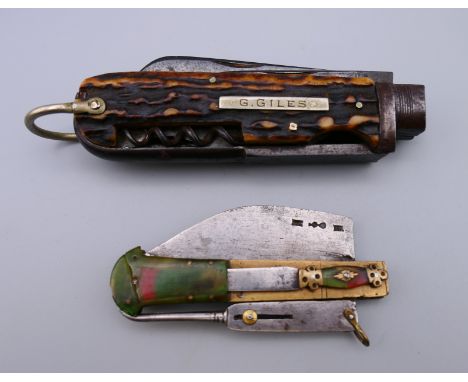 A Victorian antler handled multi-tool knife by W Morton &amp; Sons and a Continental pocket knife.  The former 11 cm long. 