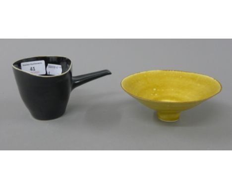 LUCIE RIE, mustard ground stoneware footed bowl, signed with initials, circa 1980s; together with a LUCIE RIE AND HANS COPER 